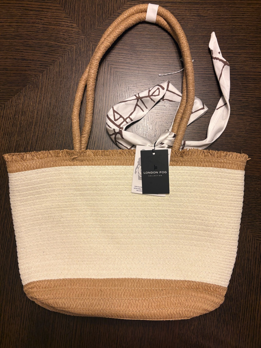 London Fog Cream and Tan Straw Tote with Scarf Tie